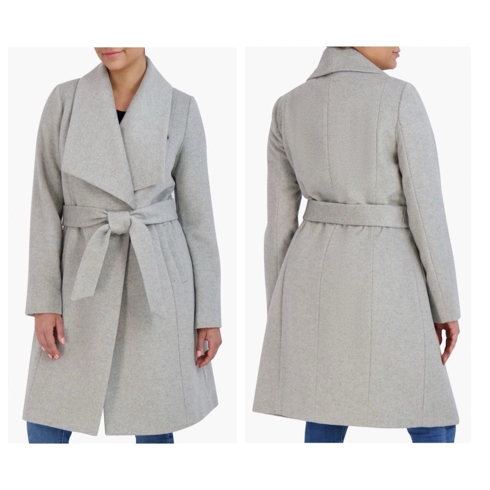 Cole Haan Signature Slick Wool Blend Wrap Shawl Collar‎ Coat, Gray, Size 12, NWT